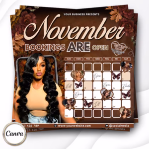November Booking Flyer, Hair, Lashes, Nails, MUA, Editable Canva Template (Digital Download)