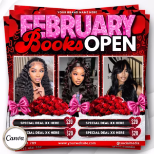 February Booking Flyer, Valentine's Day Flyer, Holiday Deals Flyer, February Books Open, Hair Lash Braids Nails Makeup, DIY Canva Editable