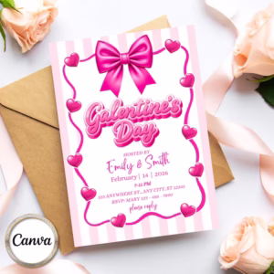 Pink Bow Galentine's Day Party Invitation, Galentine's Night Party Invite, Valentine's Day, Doodle Hand Drawn, Invitation, Editable Canva